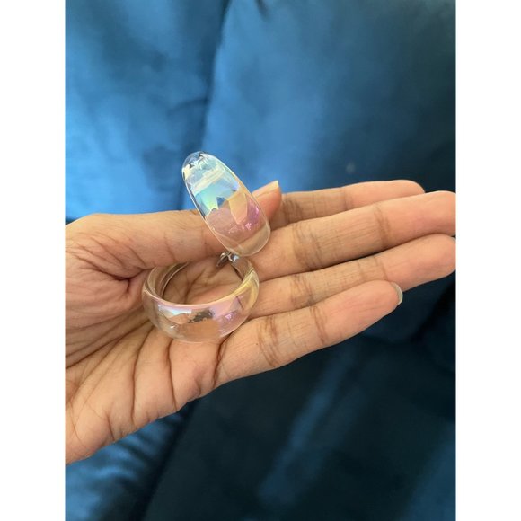 Chunky Clear Acrylic hoop earrings long white ice large holographic  iridescent - Picture 7 of 7